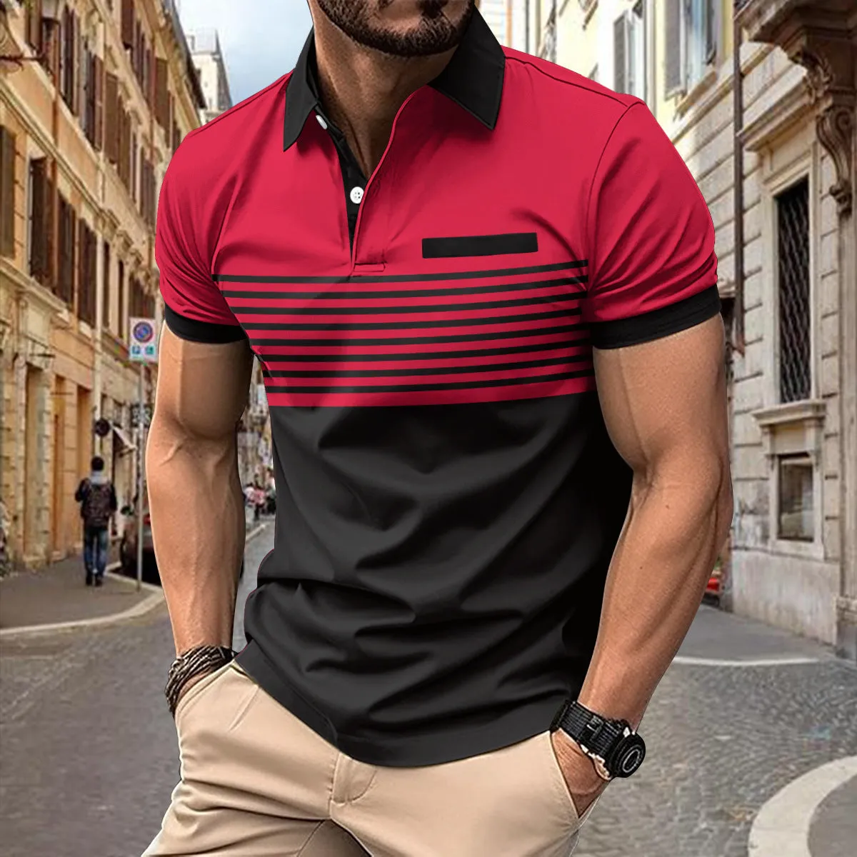 Block Striped Polo Shirt with Chest Pocket