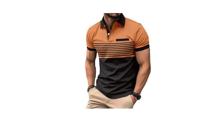 Block Striped Polo Shirt with Chest Pocket