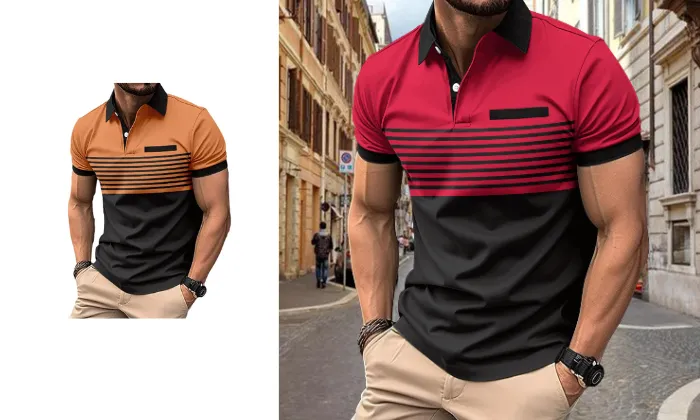 Block Striped Polo Shirt with Chest Pocket