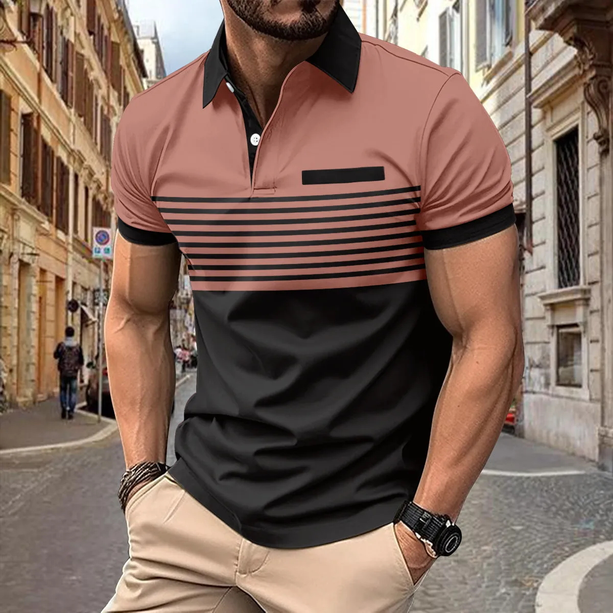 Block Striped Polo Shirt with Chest Pocket