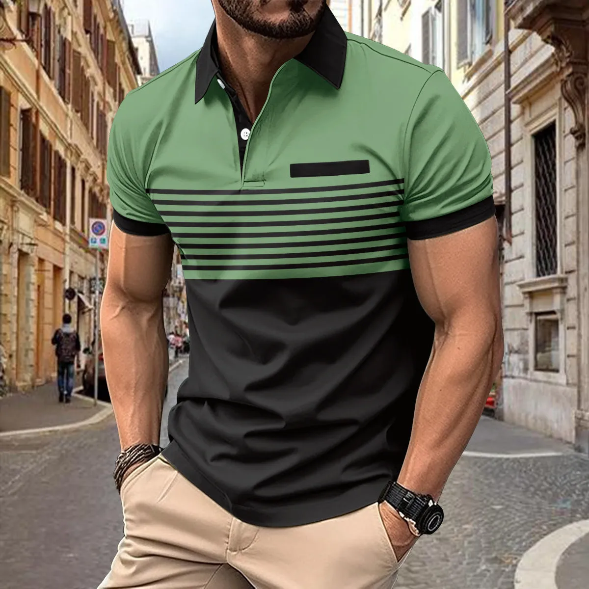 Block Striped Polo Shirt with Chest Pocket