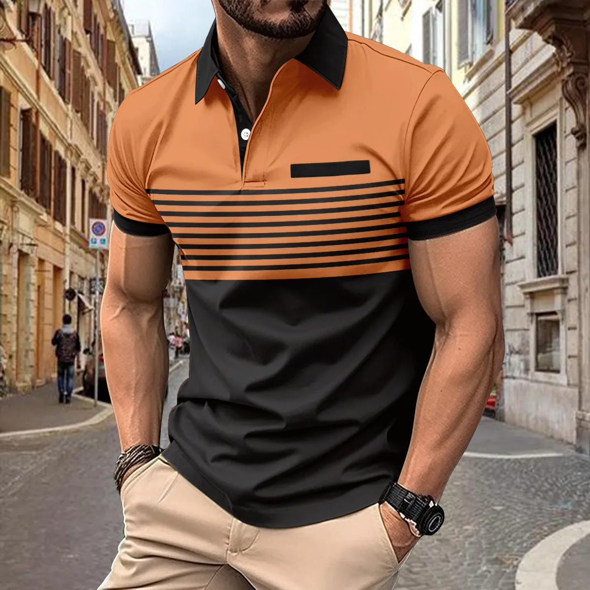 Block Striped Polo Shirt with Chest Pocket