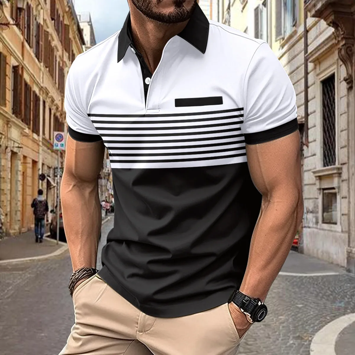 Block Striped Polo Shirt with Chest Pocket