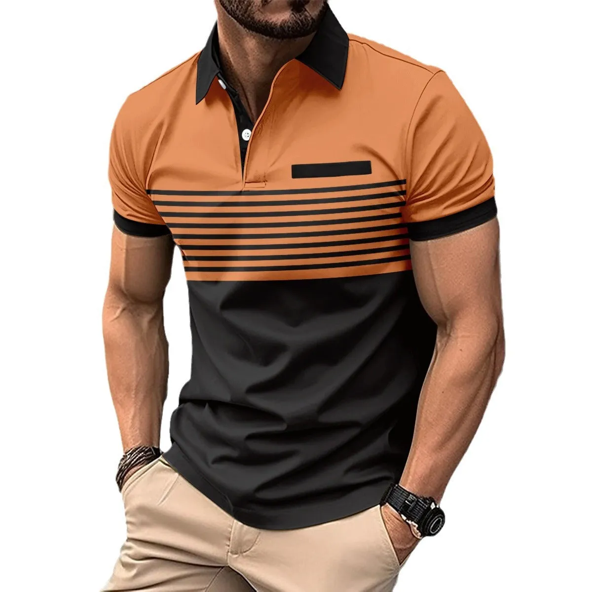 Block Striped Polo Shirt with Chest Pocket