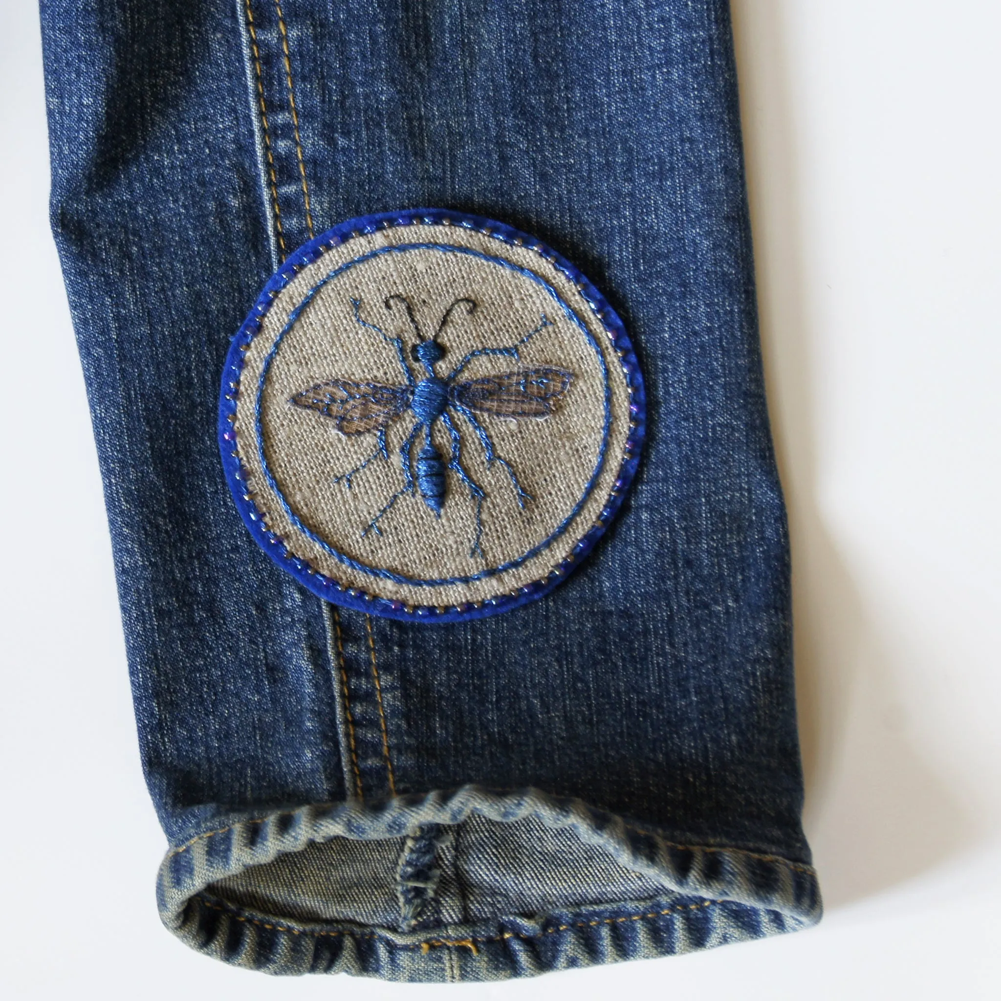 Blue Mud Dauber Hand Embroidered Sew-on Patch