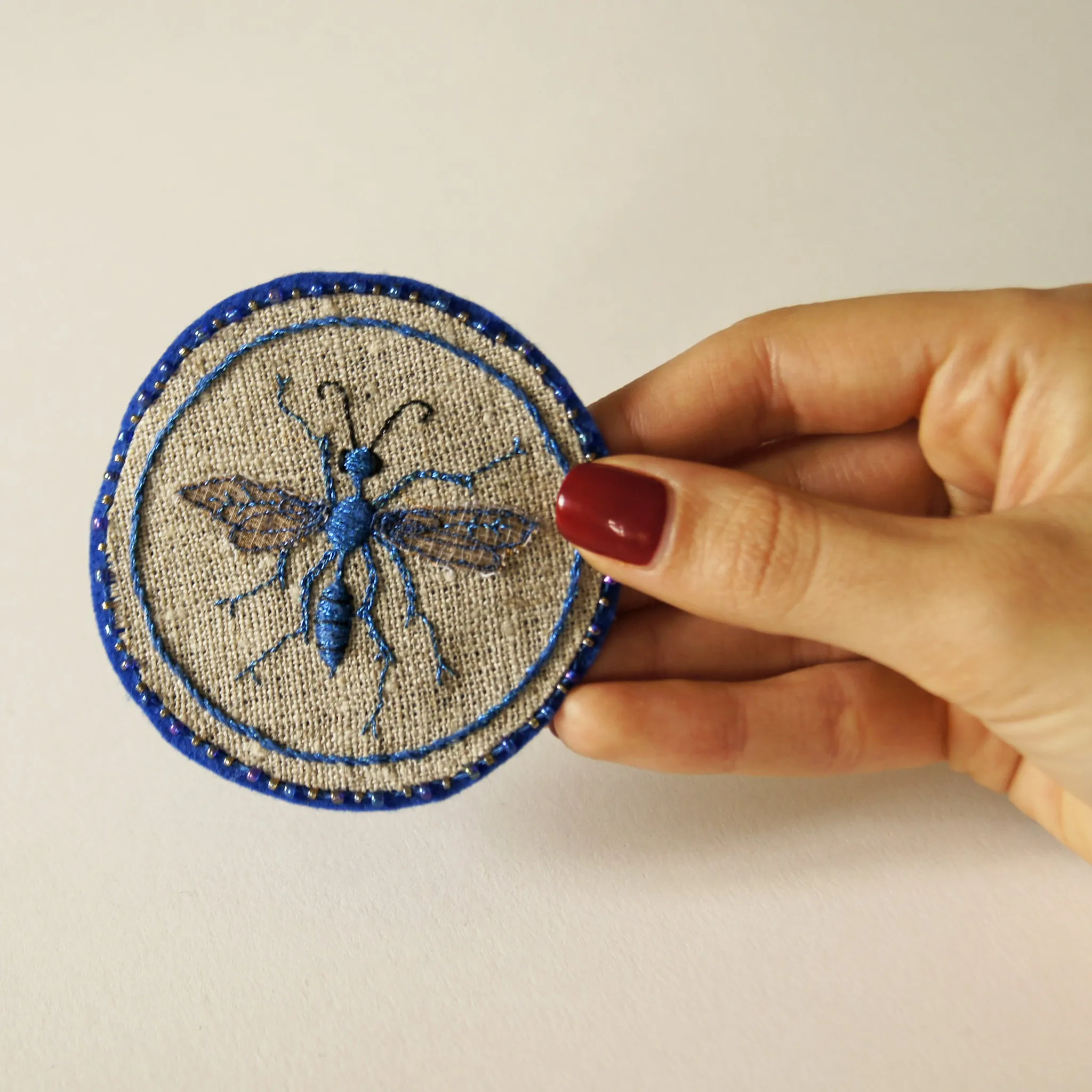 Blue Mud Dauber Hand Embroidered Sew-on Patch