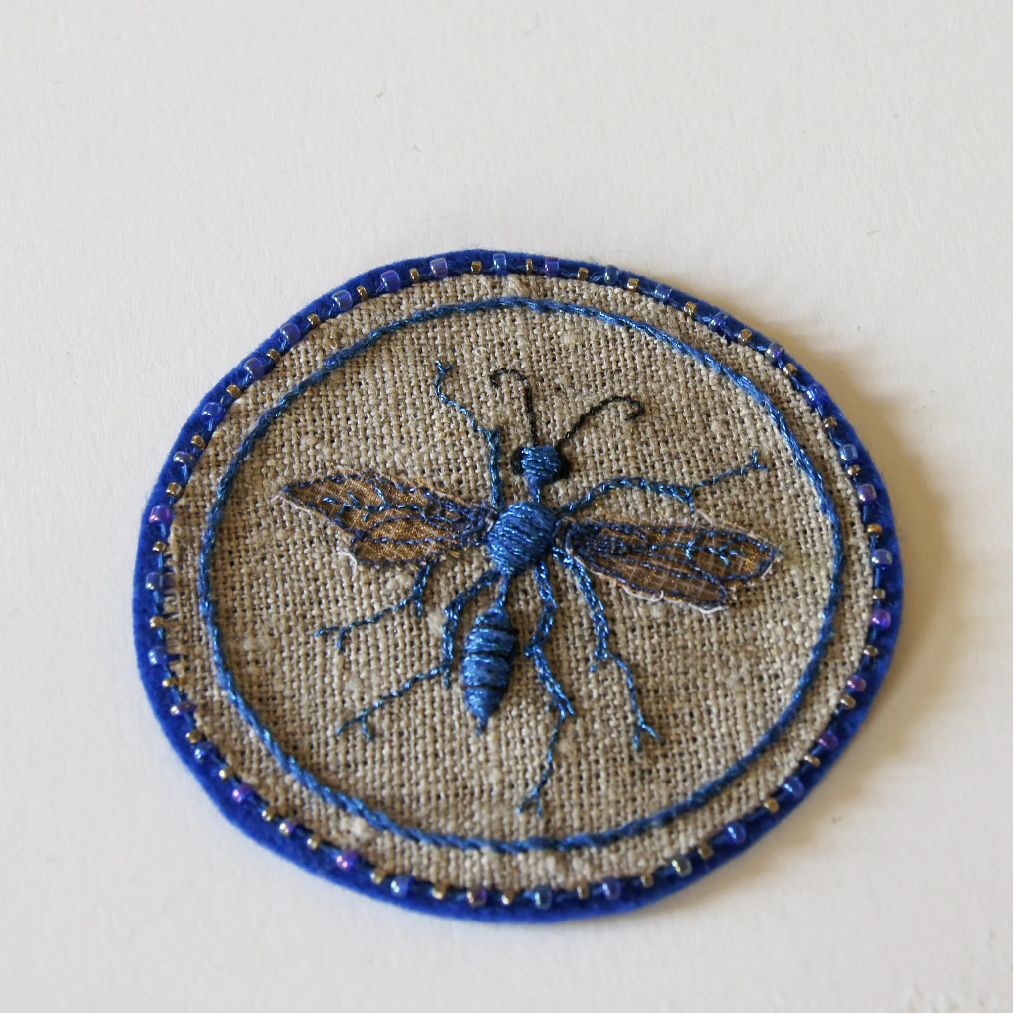 Blue Mud Dauber Hand Embroidered Sew-on Patch