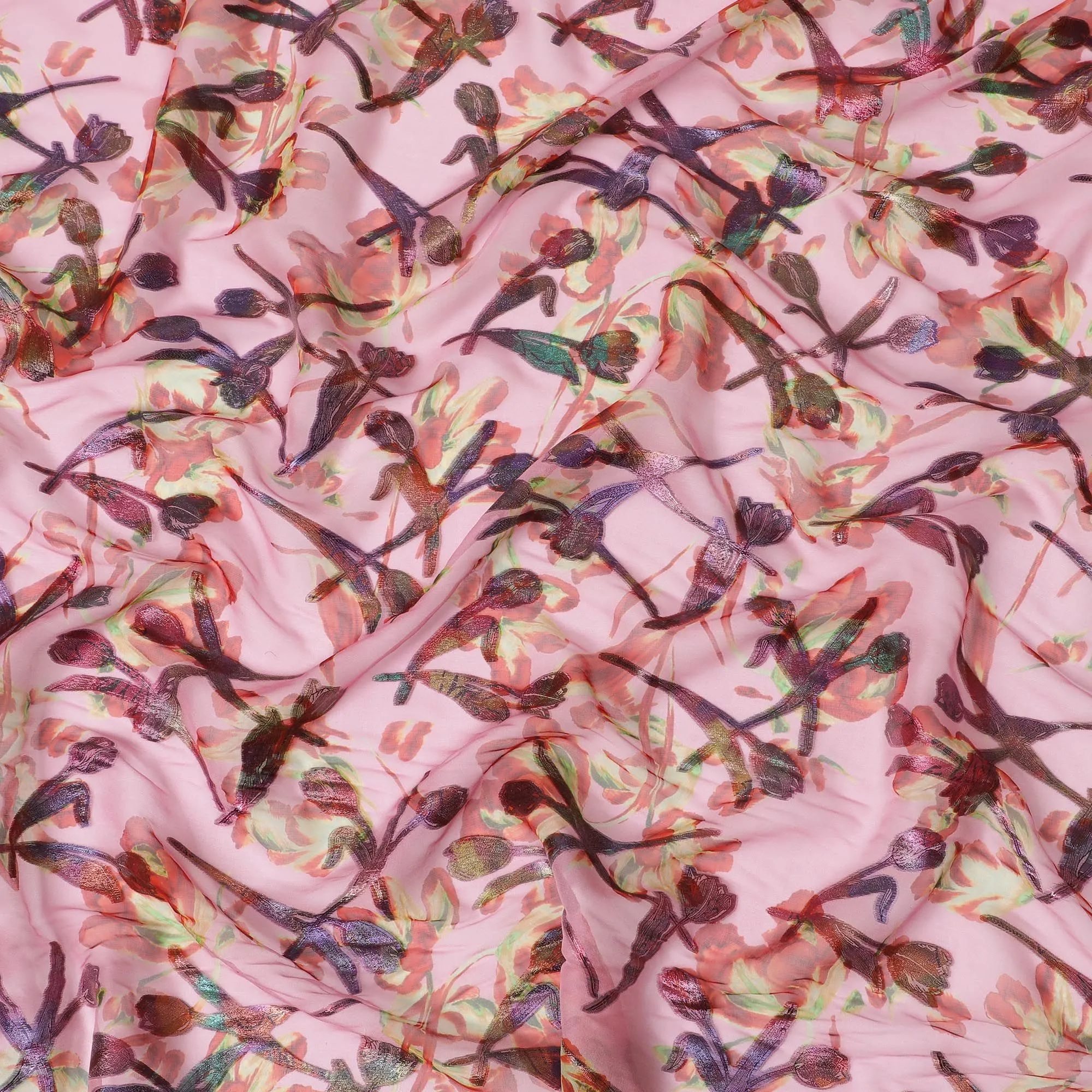 Blush Garden Silk Chiffon Fabric with Metallic Lurex, 110cm Wide – Floral Fantasy for Couture-D18391