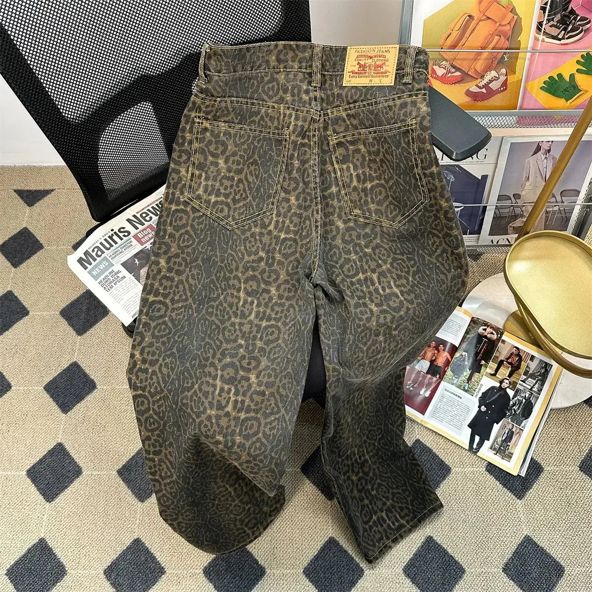 Bonnyshow Retro Spring Trendy Leopard Print Jeans Women's American High Street Trousers Y2K Harajuku Style Baggy High Waist Casual Pants