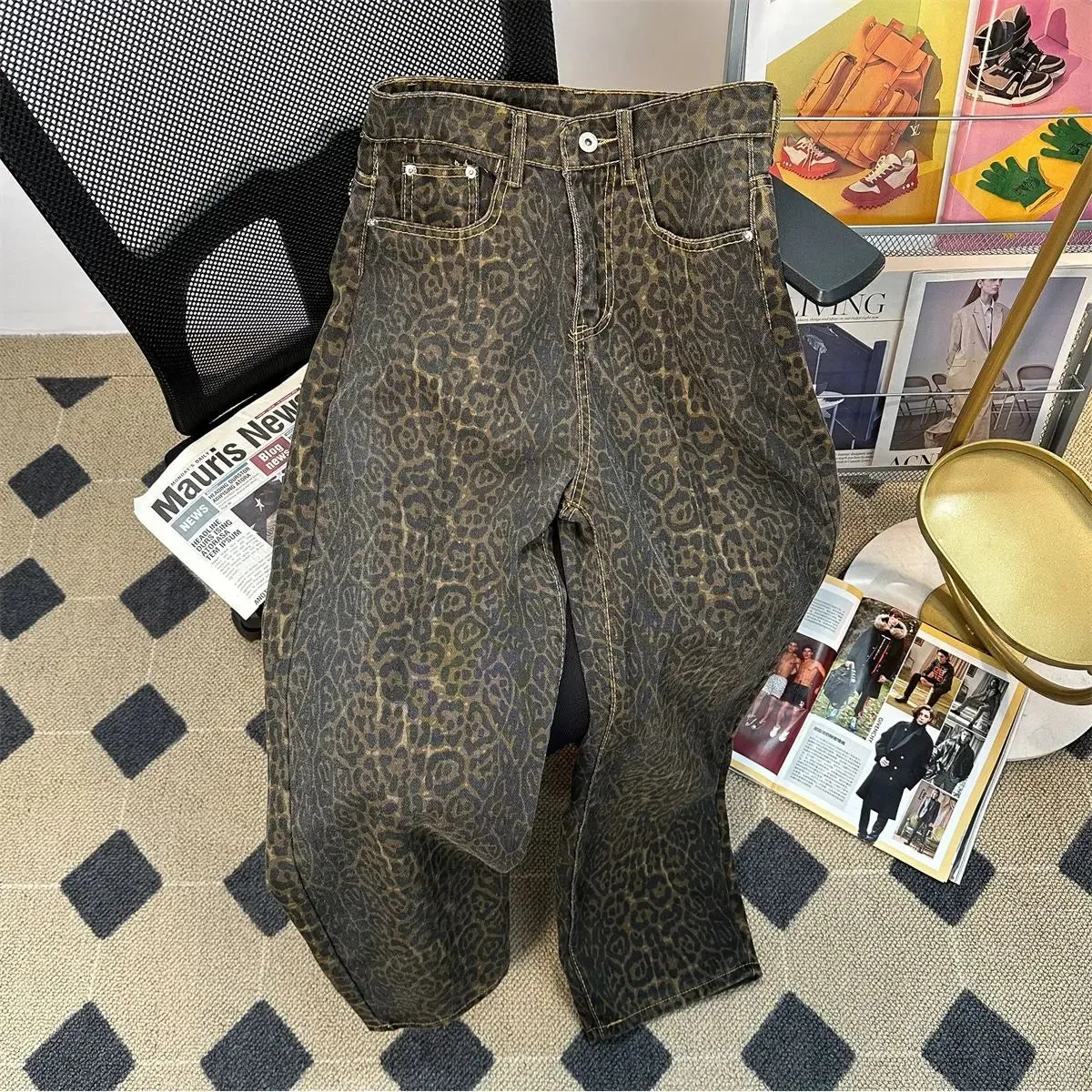 Bonnyshow Retro Spring Trendy Leopard Print Jeans Women's American High Street Trousers Y2K Harajuku Style Baggy High Waist Casual Pants