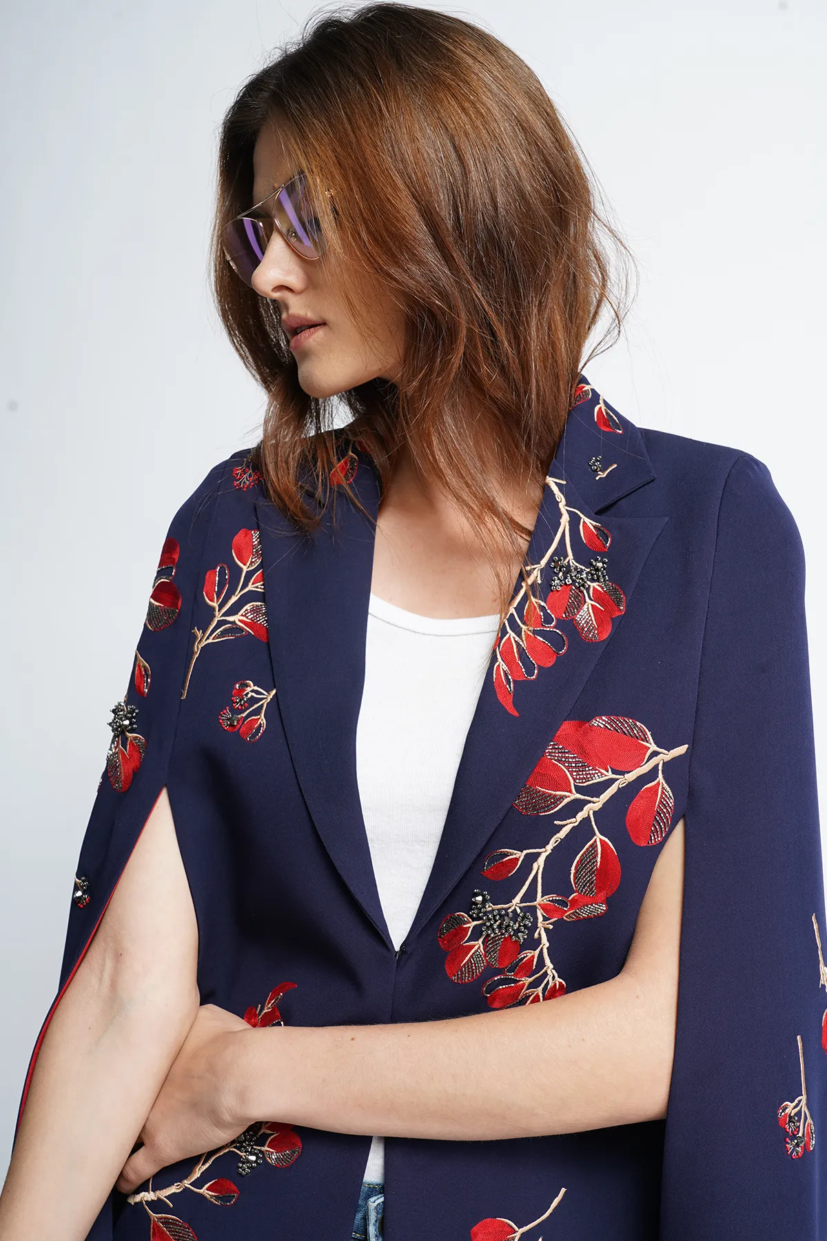 Botanical Stem Lapel Collar Long Cape