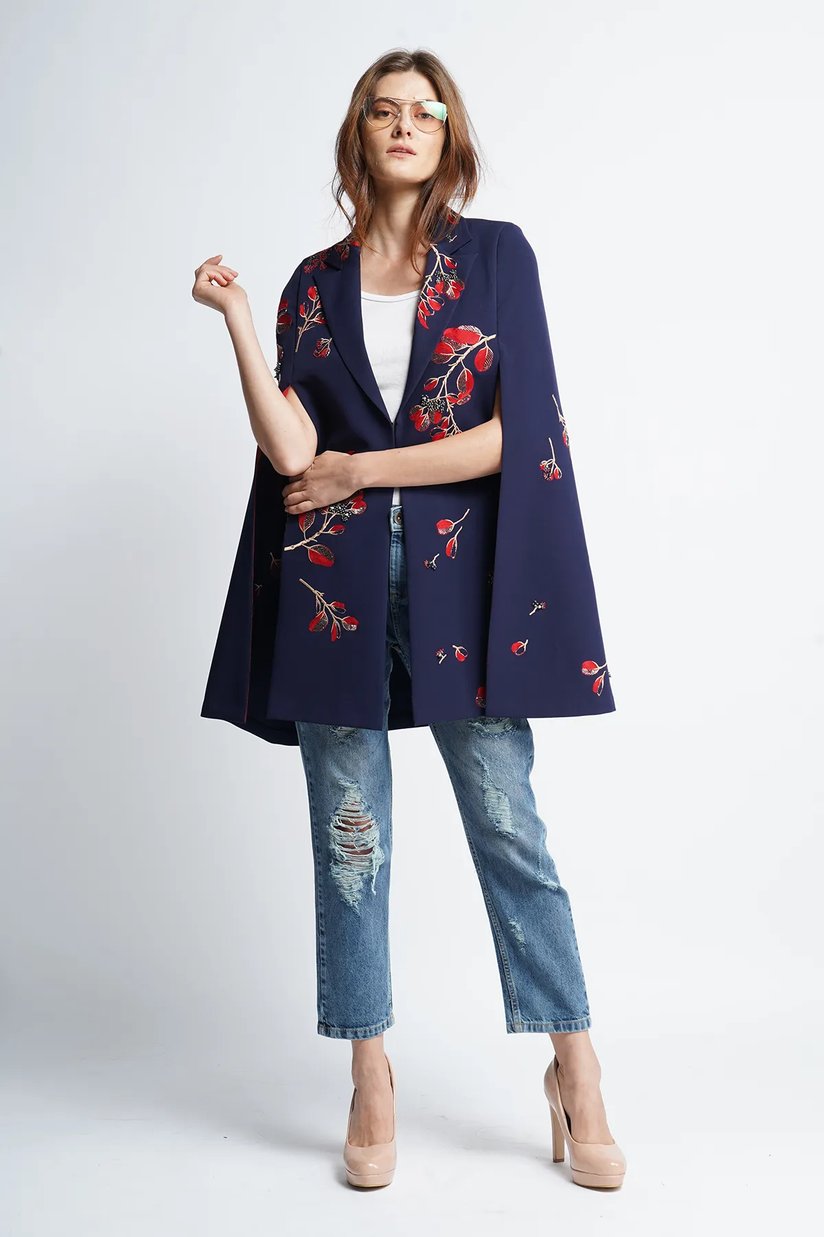 Botanical Stem Lapel Collar Long Cape