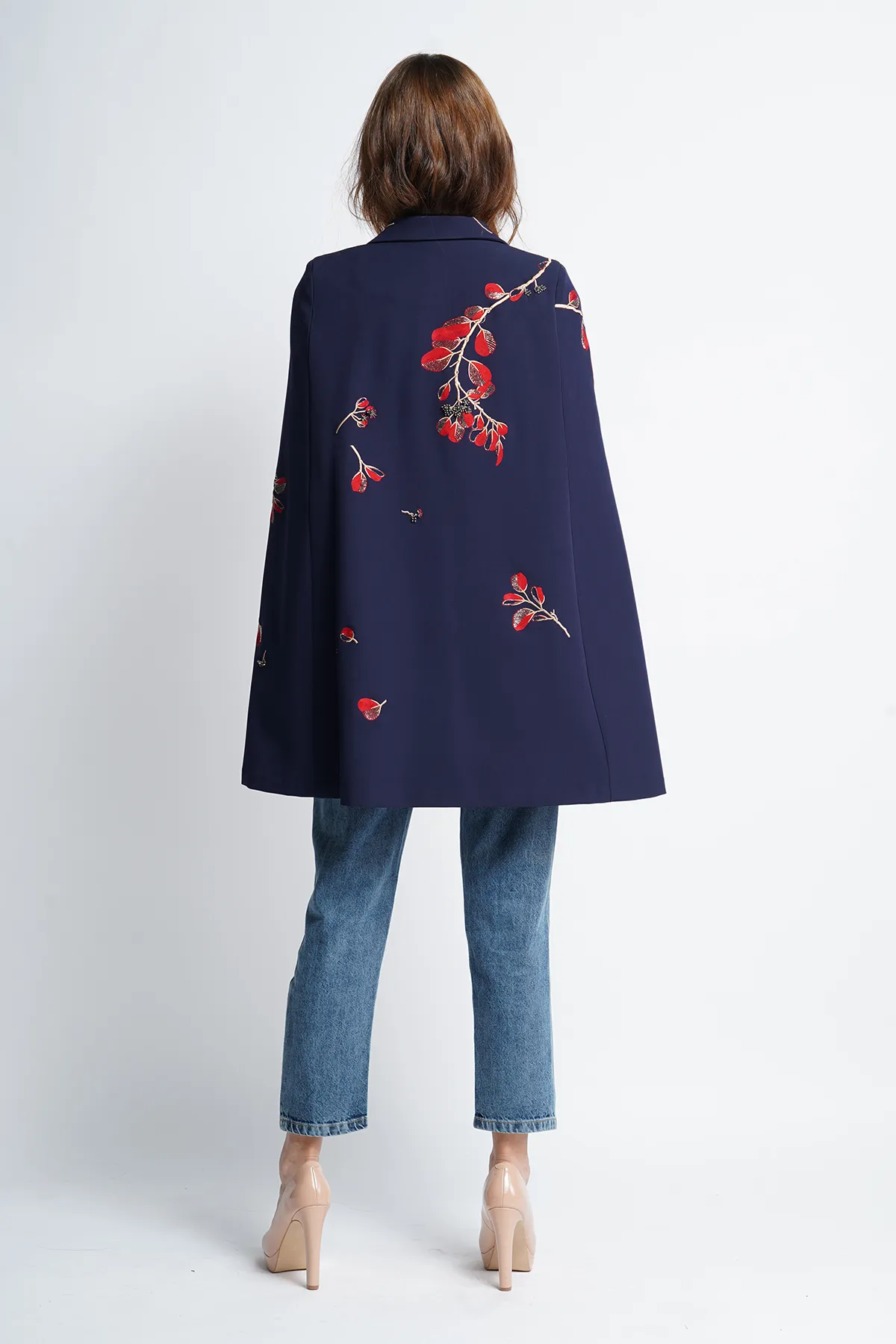 Botanical Stem Lapel Collar Long Cape