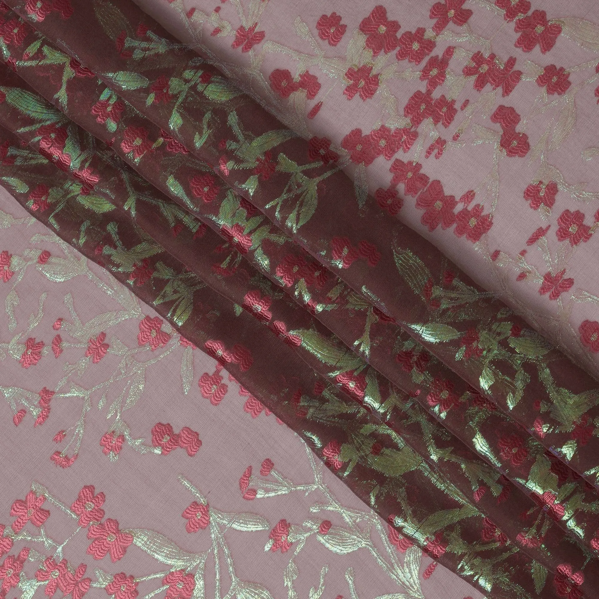 Brown Silk Chiffon Fabric with Pink Floral Embroidery and Metallic Lurex, 110 cm Width, Made in South Korea-D21151