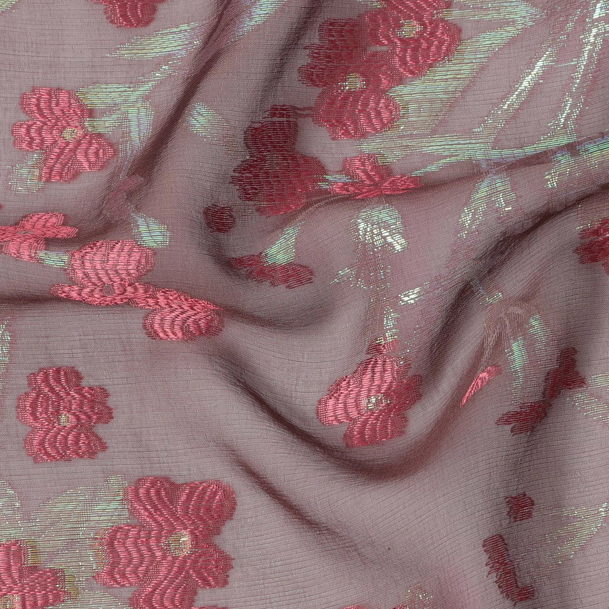 Brown Silk Chiffon Fabric with Pink Floral Embroidery and Metallic Lurex, 110 cm Width, Made in South Korea-D21151