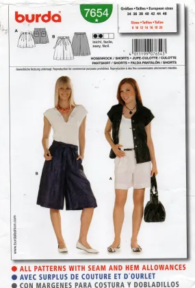 Burda 7654 Womens Pleated Shorts & Culottes Out Of Print Sewing Pattern Sizes 8 - 20 UNCUT Factory Folded