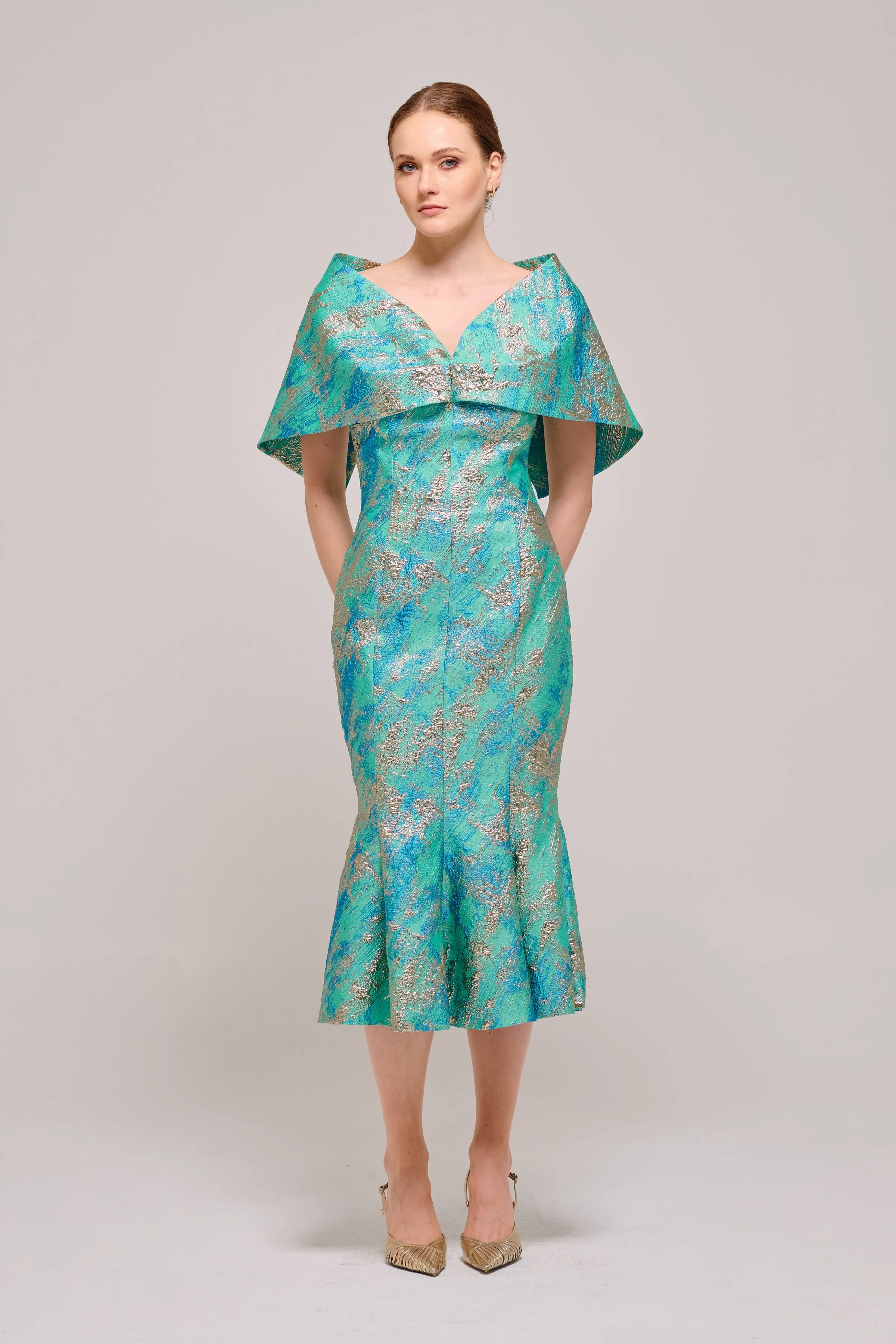 Cape Effect Midi Length Floral Green Dress