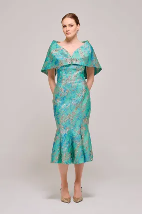 Cape Effect Midi Length Floral Green Dress