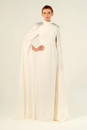 Cape-Sleeves High Neck Floor Sweeping Soft Woven Dress