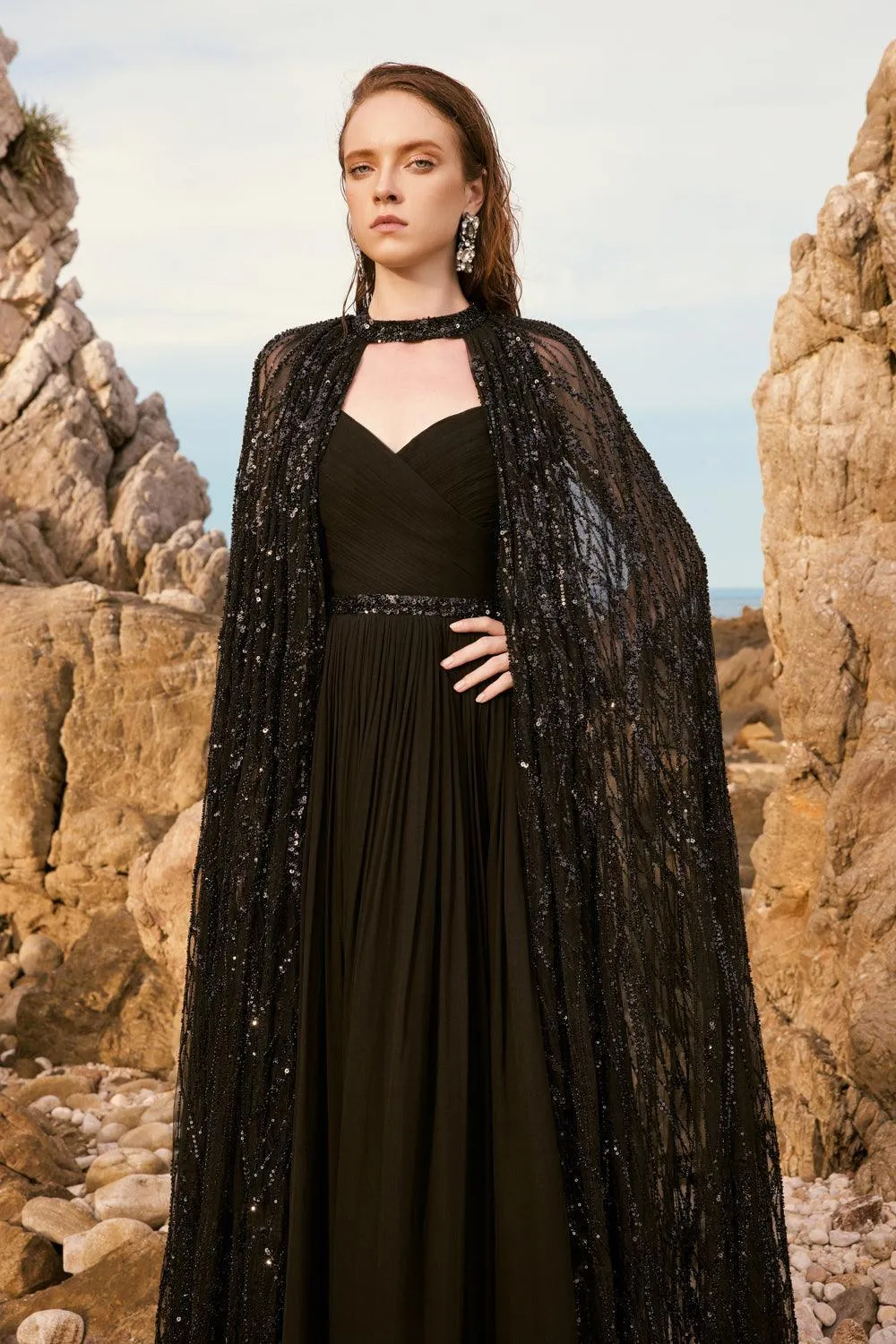 Celina Straight See-Through Mesh Lace Floor Length Cape