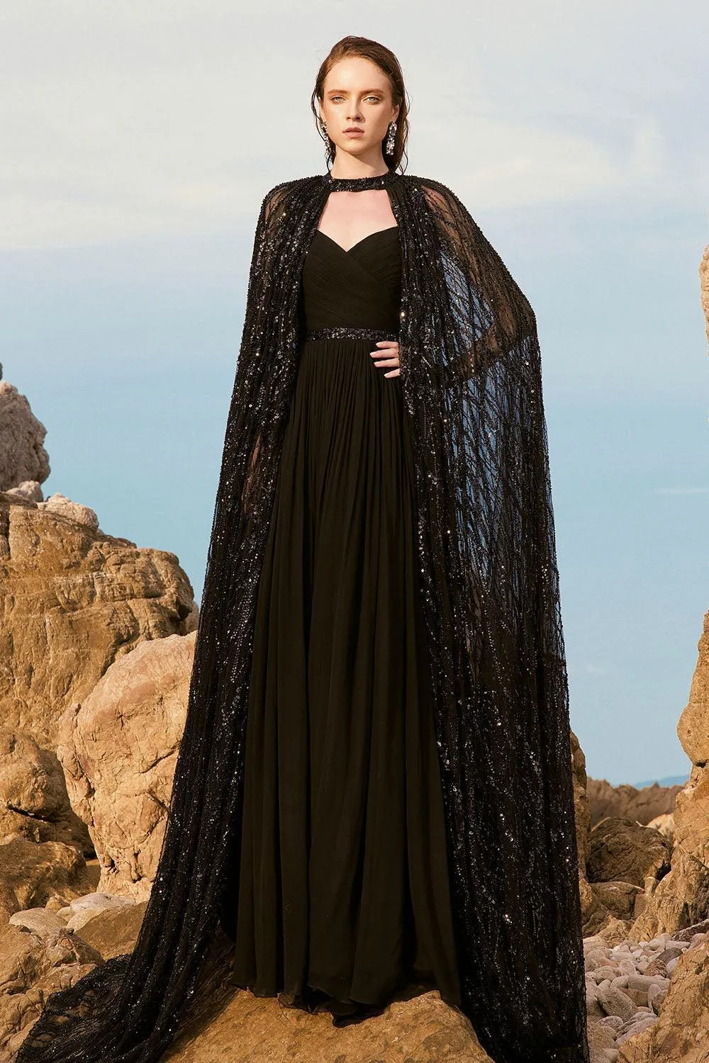 Celina Straight See-Through Mesh Lace Floor Length Cape