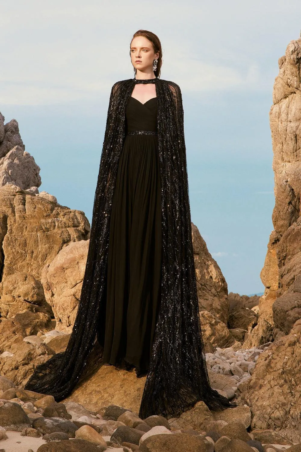 Celina Straight See-Through Mesh Lace Floor Length Cape