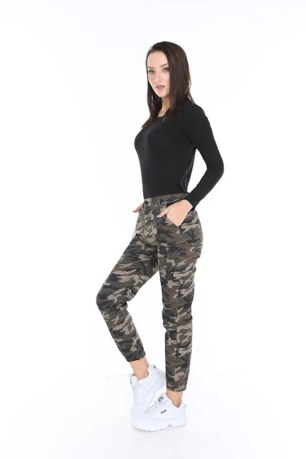 Chain Detail Slim Fit Dark Camouflage Cargo Trousers