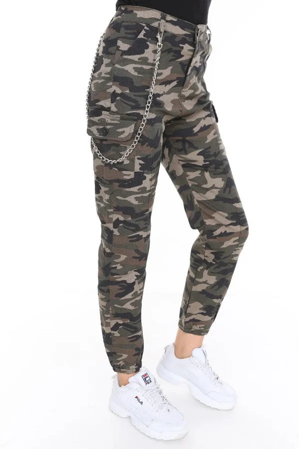 Chain Detail Slim Fit Dark Camouflage Cargo Trousers