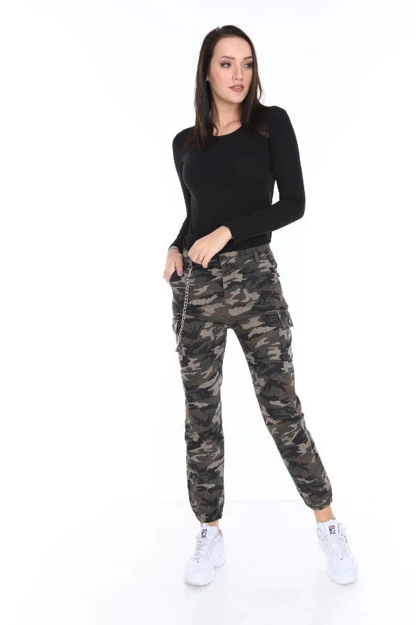 Chain Detail Slim Fit Dark Camouflage Cargo Trousers