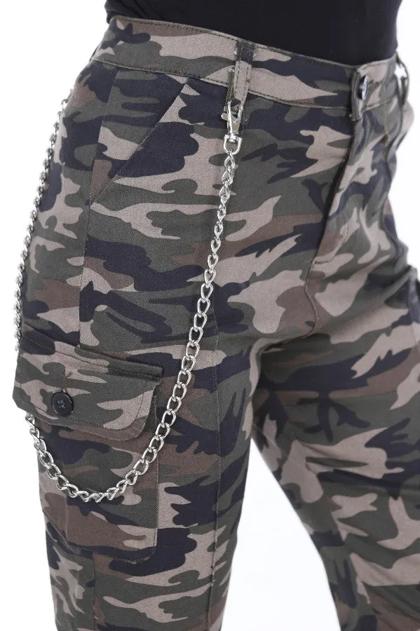 Chain Detail Slim Fit Dark Camouflage Cargo Trousers