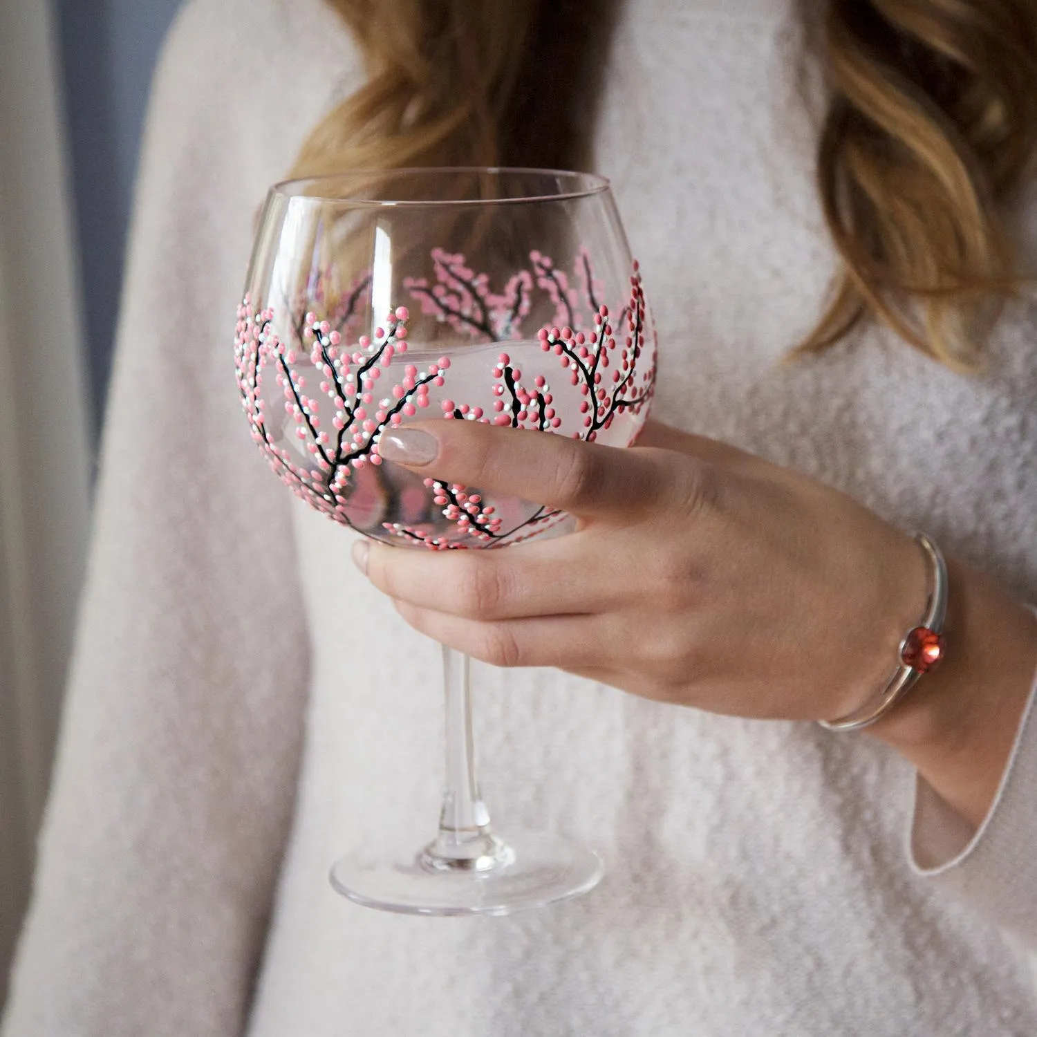 Cherry Blossom Hand Painted Wine Glass