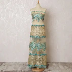 Chic Gold and Turquoise Embroidered Nylon Tulle Fabric, 140 cm Wide â€“ Elegant Swirl and Stripe Design-D19232