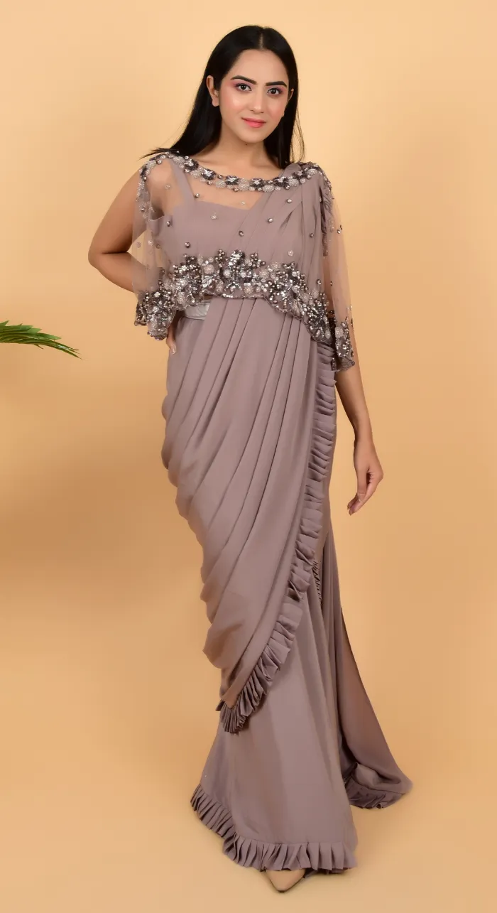 Chinon Draping Saree With Designer Cape