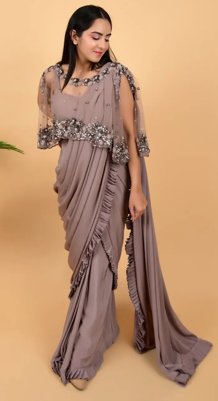 Chinon Draping Saree With Designer Cape