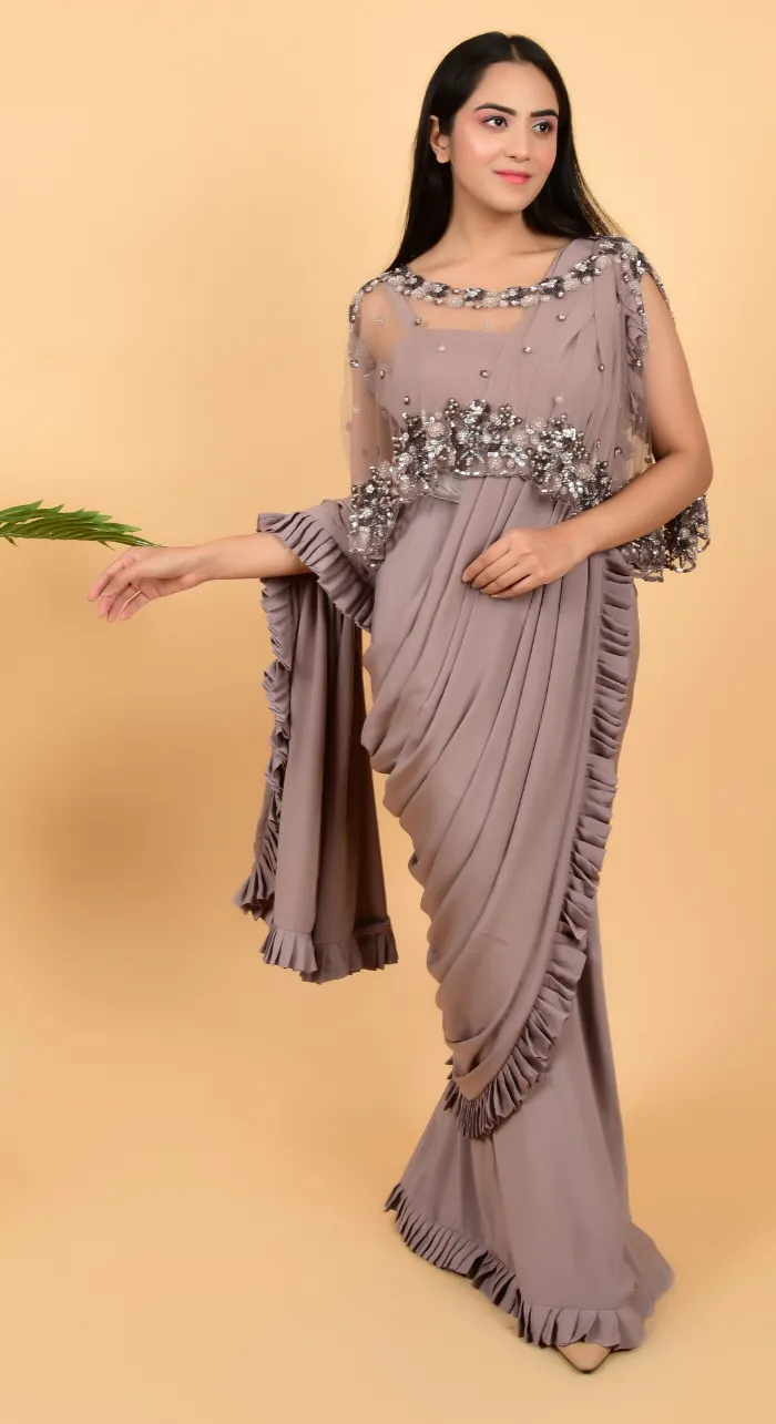 Chinon Draping Saree With Designer Cape