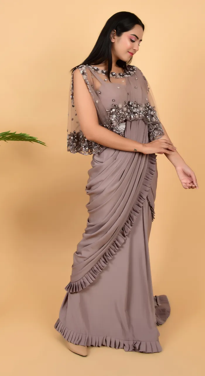 Chinon Draping Saree With Designer Cape