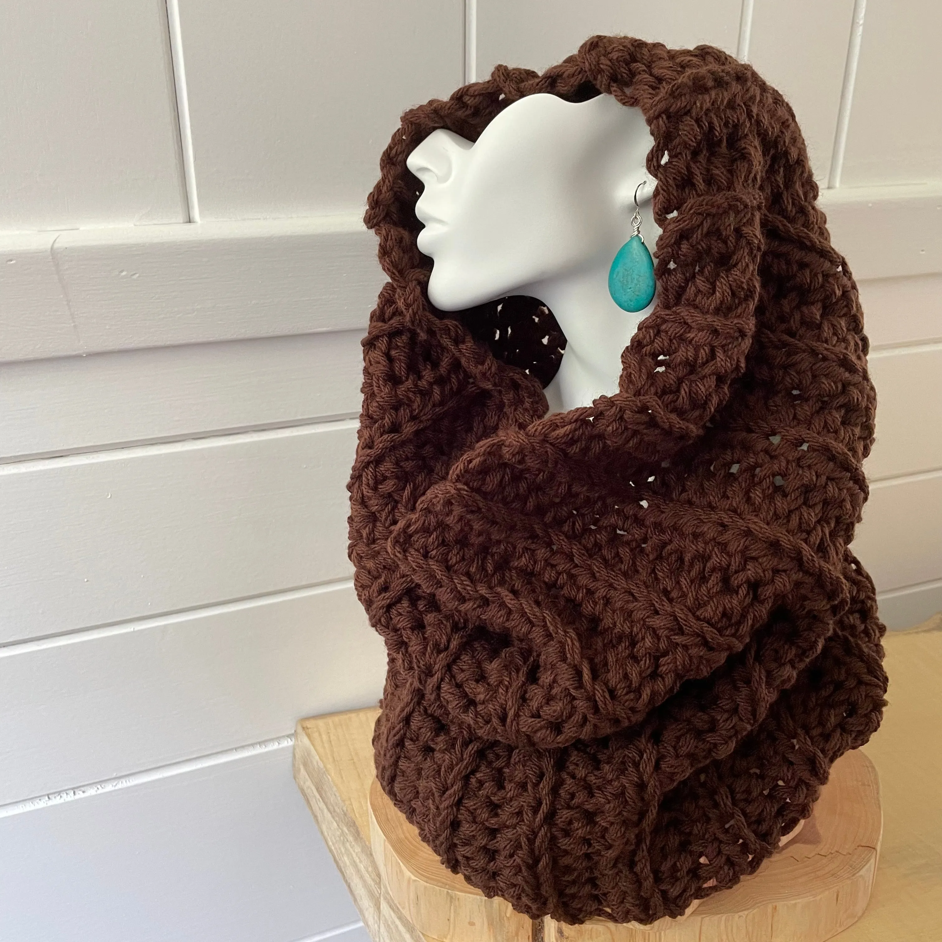 Chocolate Brown Cowl Scarf Hand Crochet Knit Winter Fall Men Women Unisex Retro Vintage Style Handmade Gift Accessory