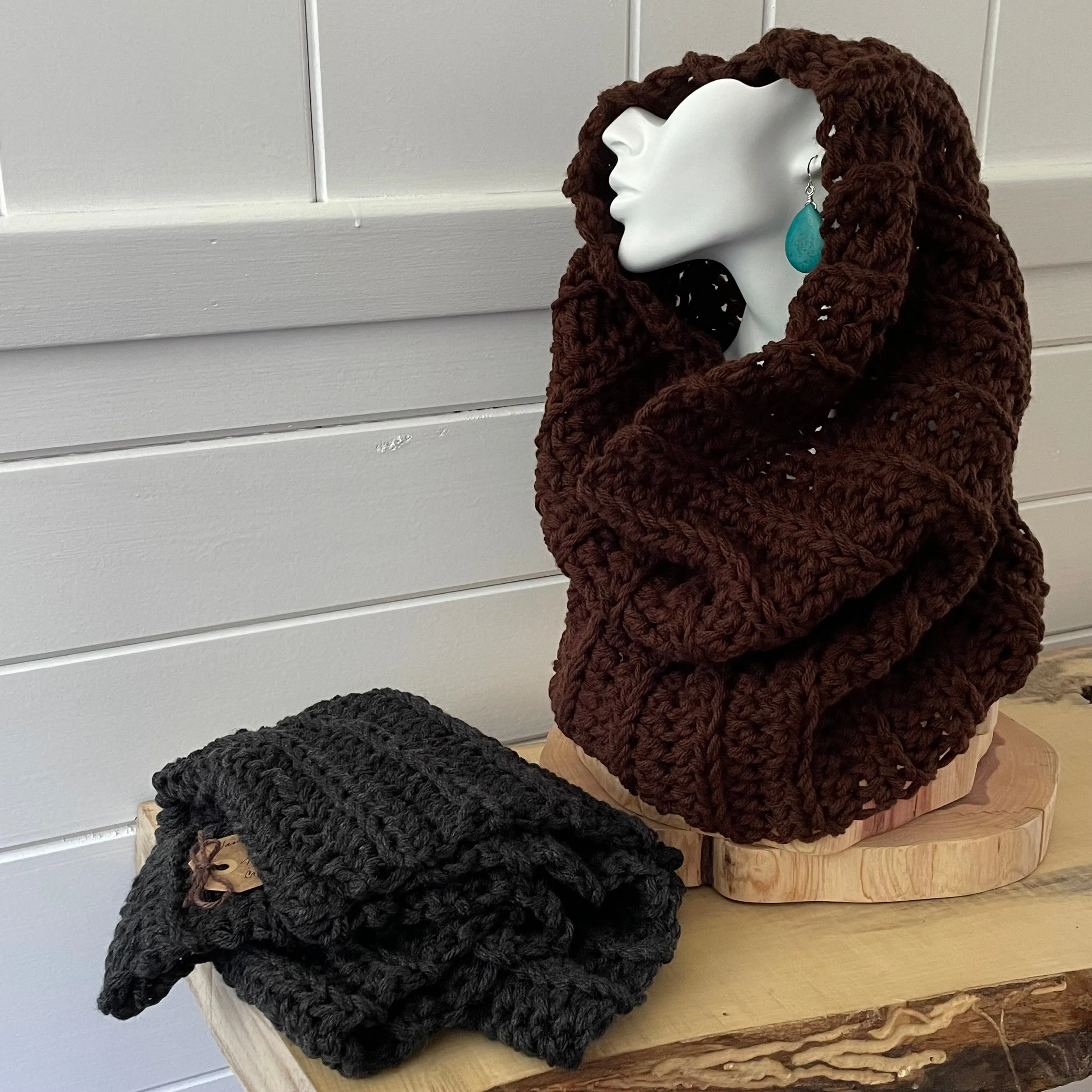 Chocolate Brown Cowl Scarf Hand Crochet Knit Winter Fall Men Women Unisex Retro Vintage Style Handmade Gift Accessory