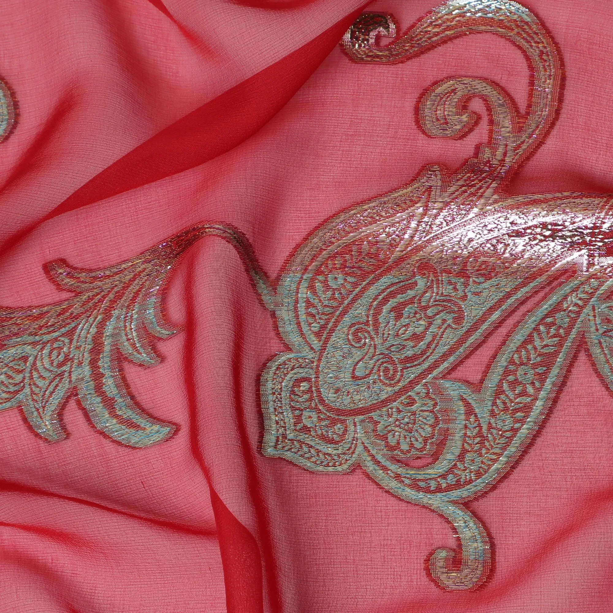 Coral Charm Silk Chiffon with Metallic Paisley, 140cm - South Korean Luxury Fabric-D17797