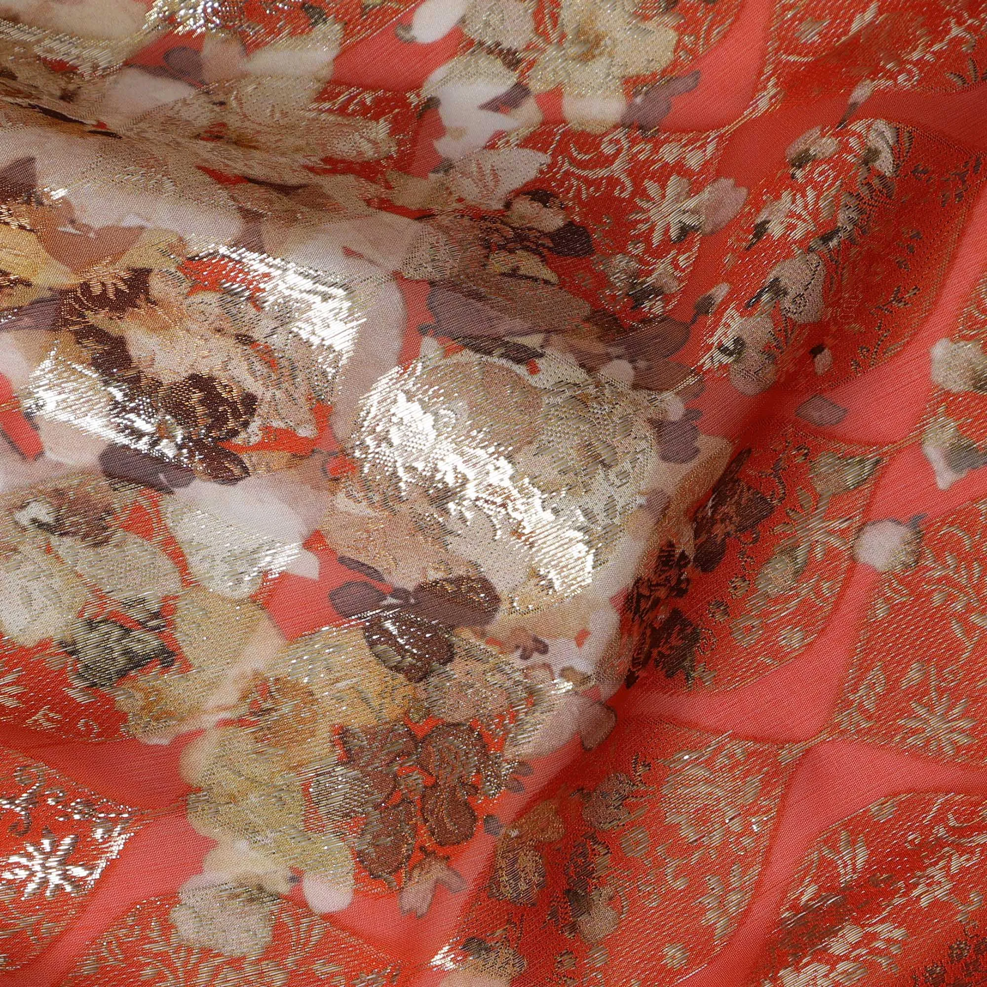 Coral Floral Silk Chiffon Fabric with Metallic Lurex, Width 140 cm, South Korea-D21272