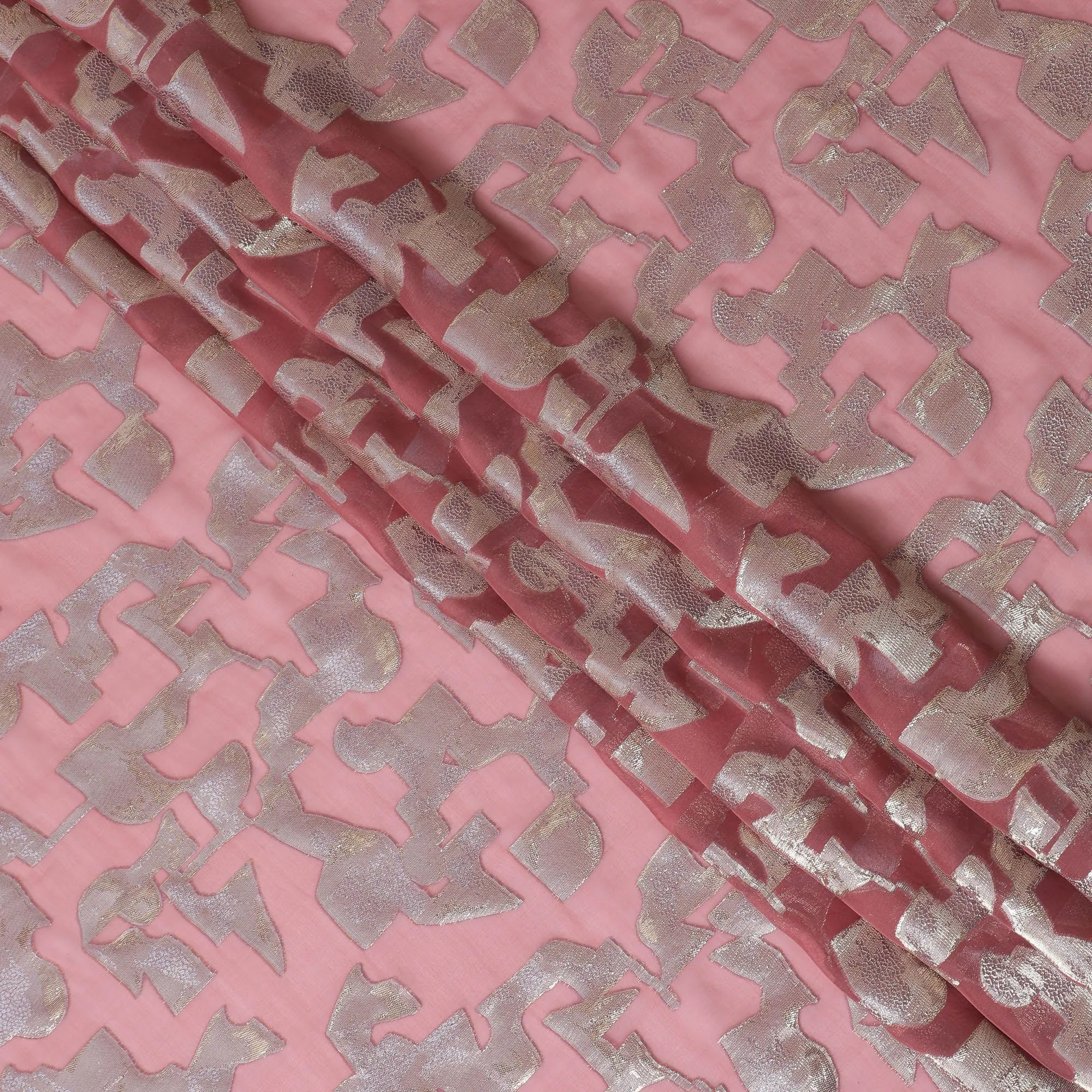 Coral Pink Pure Silk Chiffon with Gleaming Silver Lurex, 110cm Width - Luxurious Fabric from South Korea-D17911