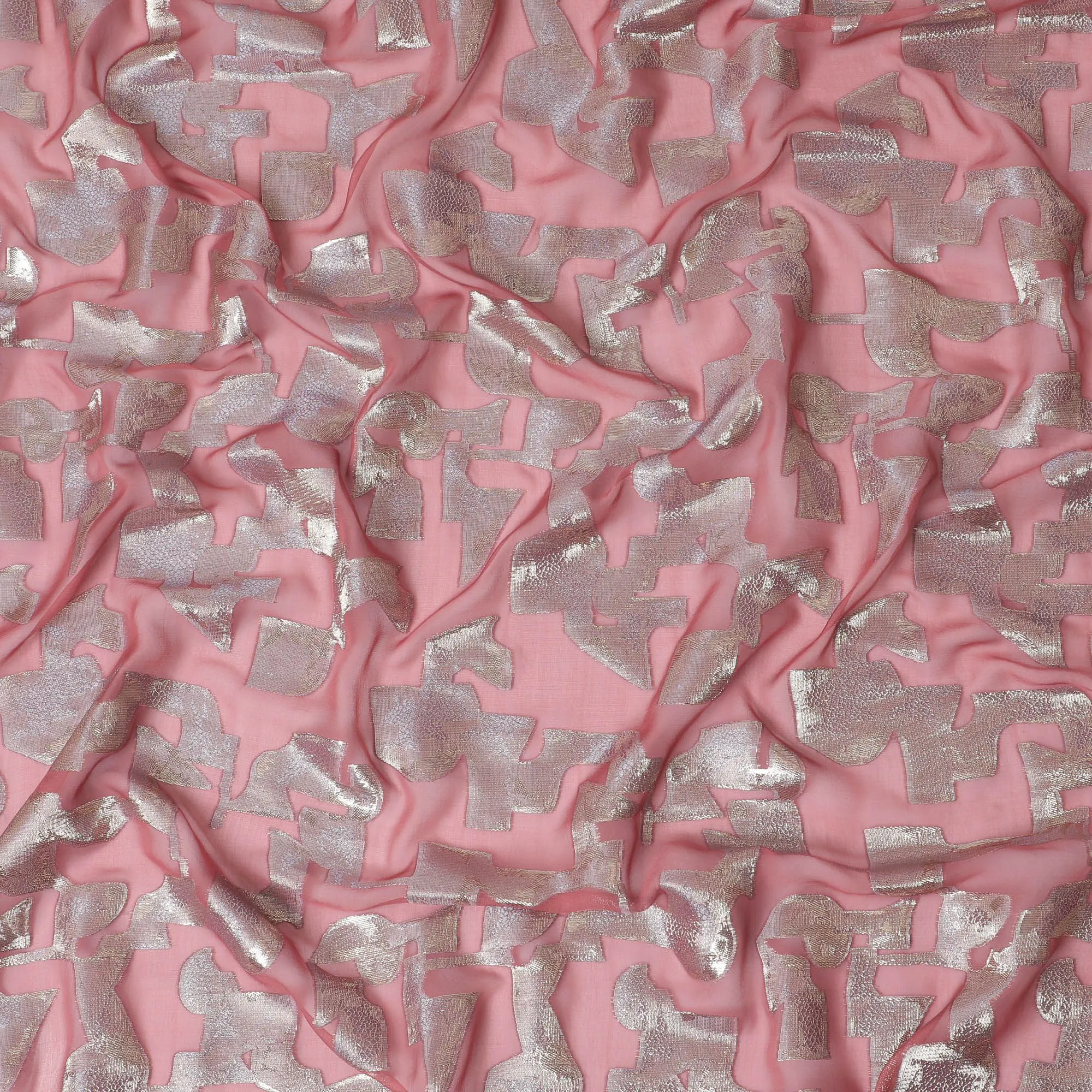 Coral Pink Pure Silk Chiffon with Gleaming Silver Lurex, 110cm Width - Luxurious Fabric from South Korea-D17911