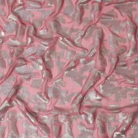 Coral Pink Pure Silk Chiffon with Gleaming Silver Lurex, 110cm Width - Luxurious Fabric from South Korea-D17911