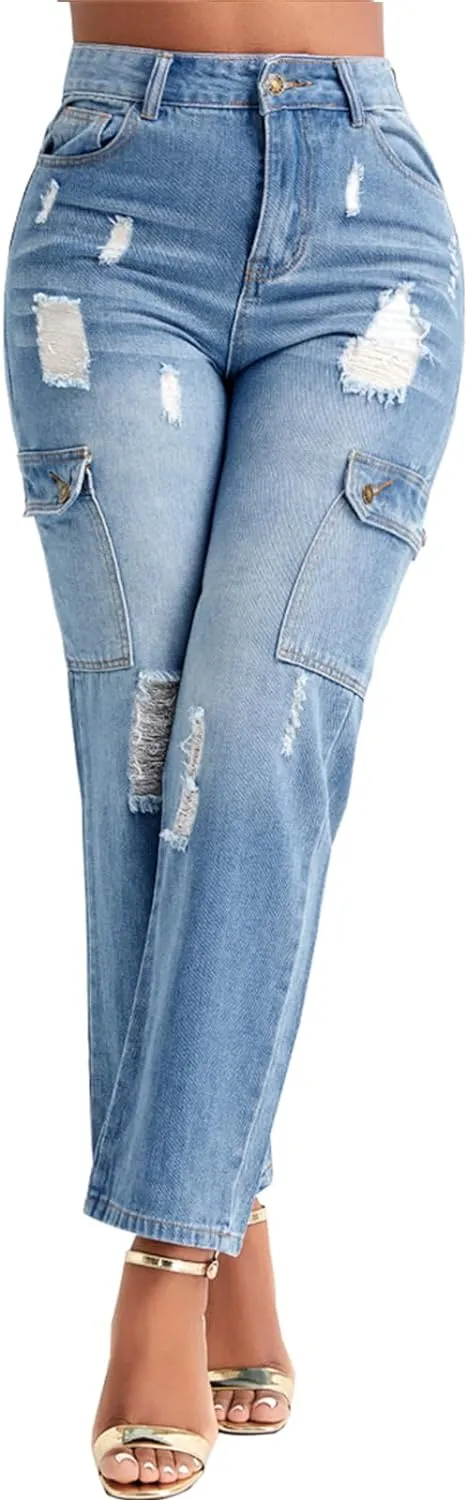 Cropped Trendy Blue Denim High Waist Cargo Style Pants