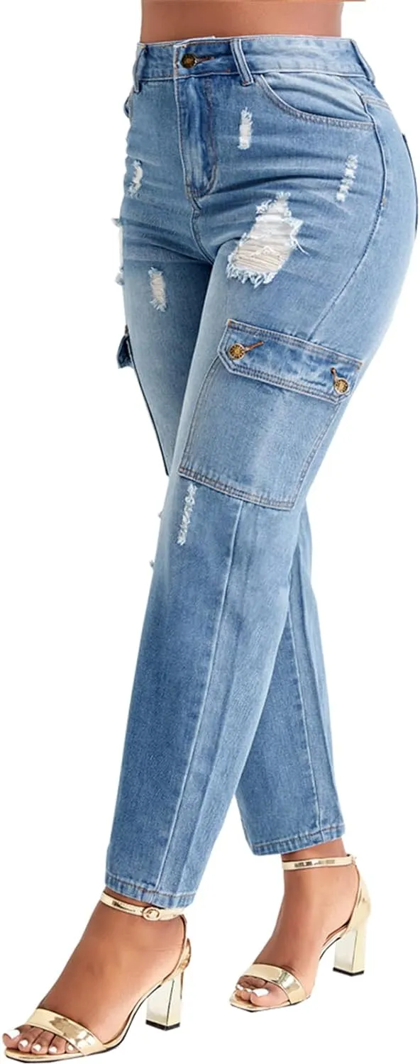 Cropped Trendy Blue Denim High Waist Cargo Style Pants