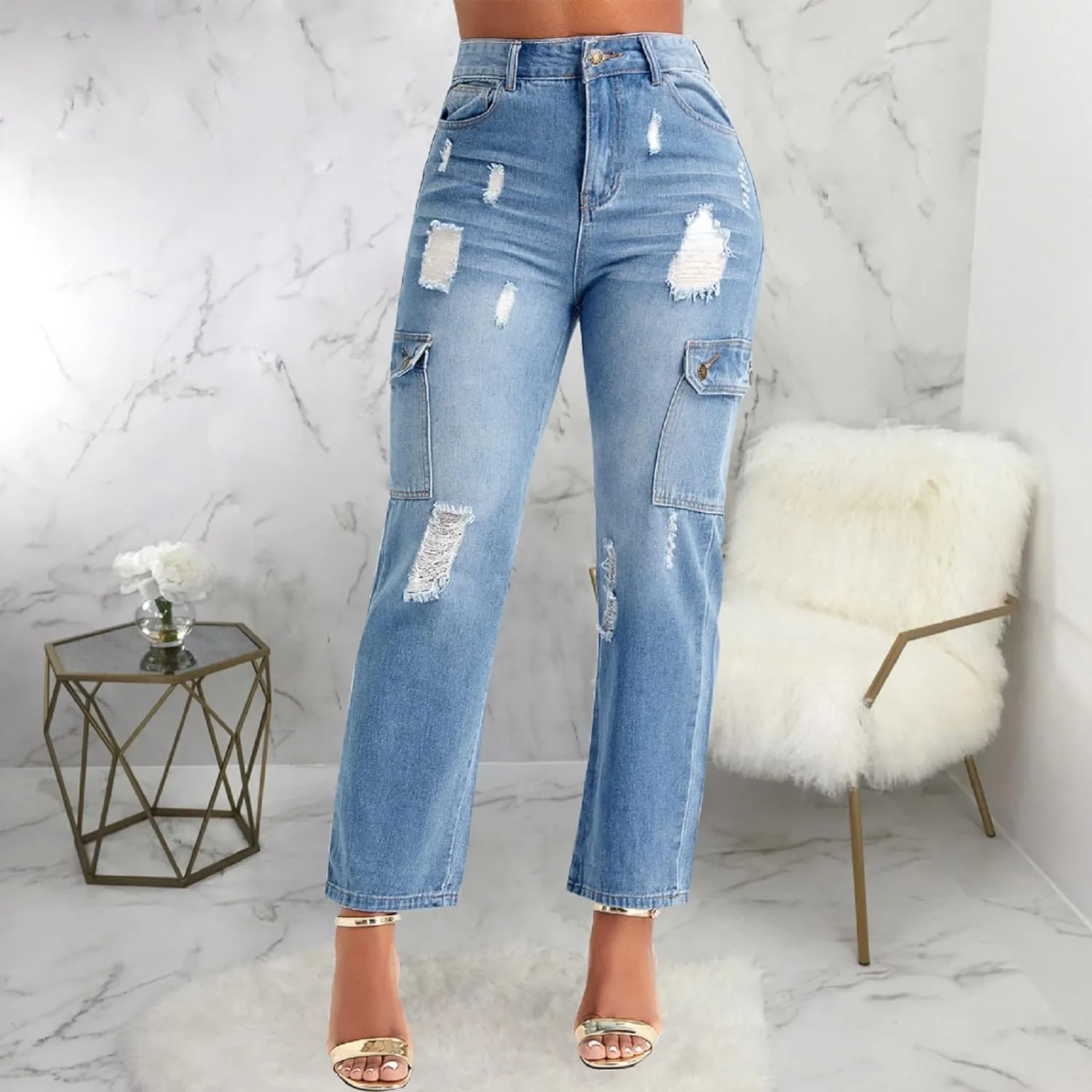 Cropped Trendy Blue Denim High Waist Cargo Style Pants