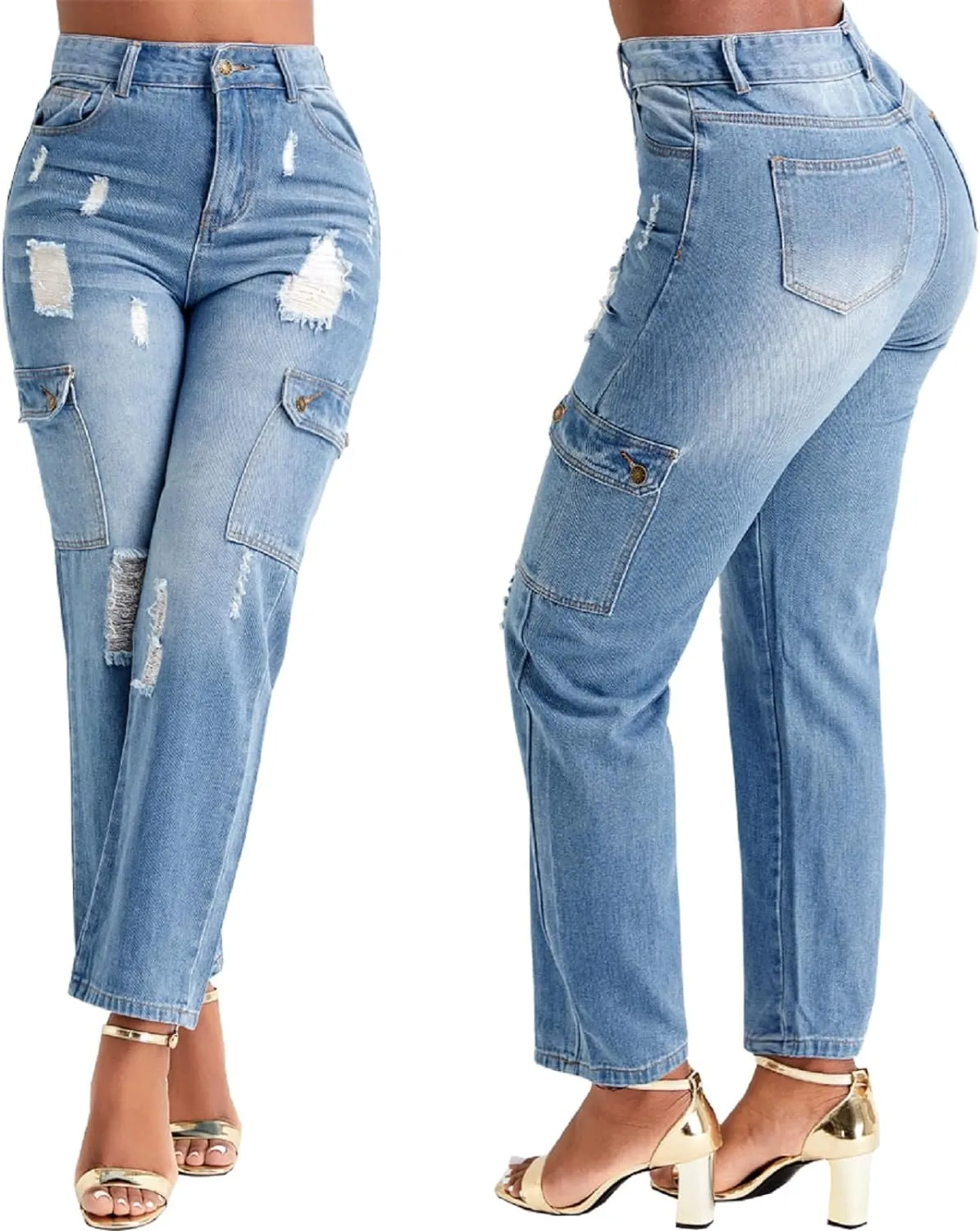 Cropped Trendy Blue Denim High Waist Cargo Style Pants