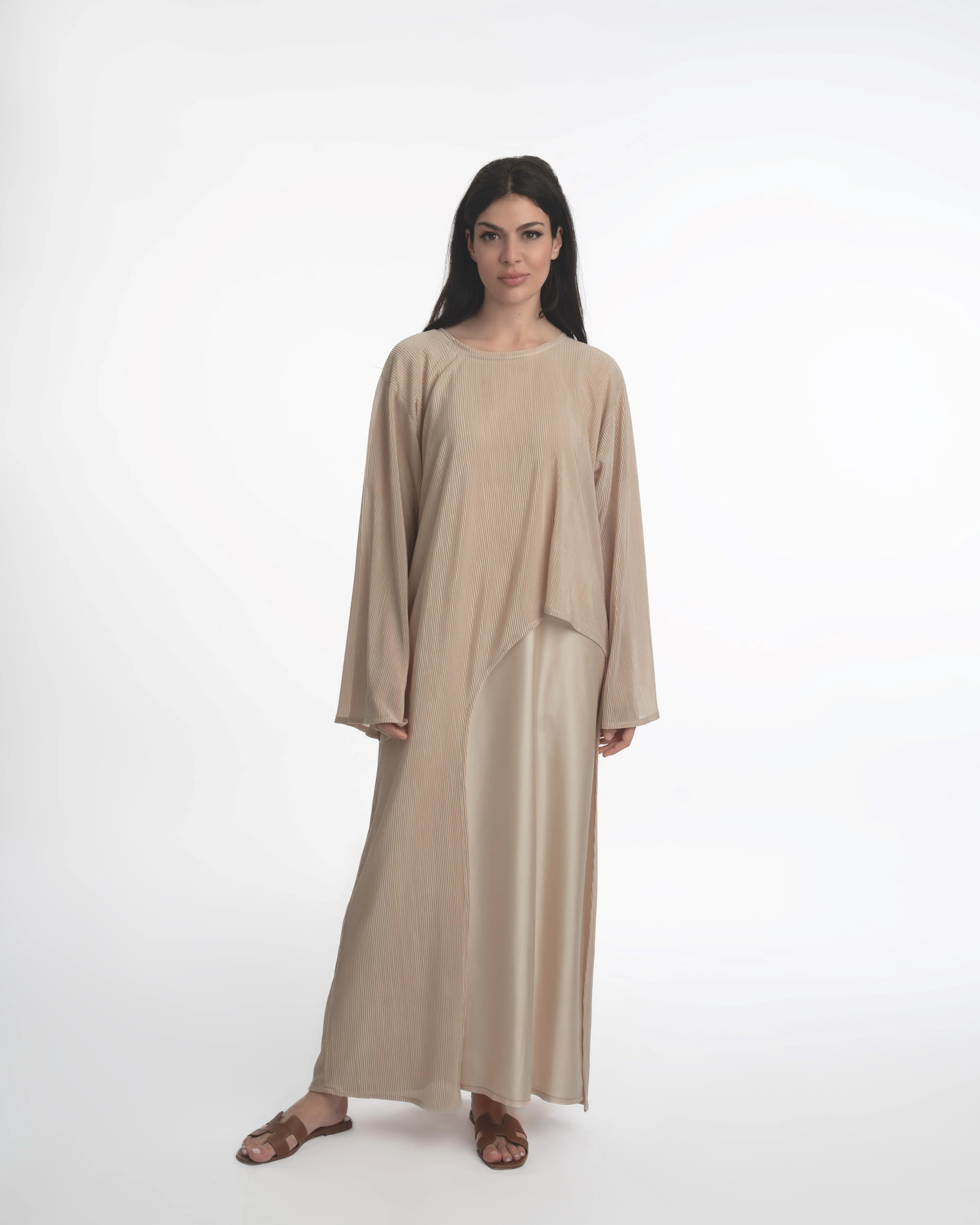 Dania Crinkle Asymmetric Abaya Beige