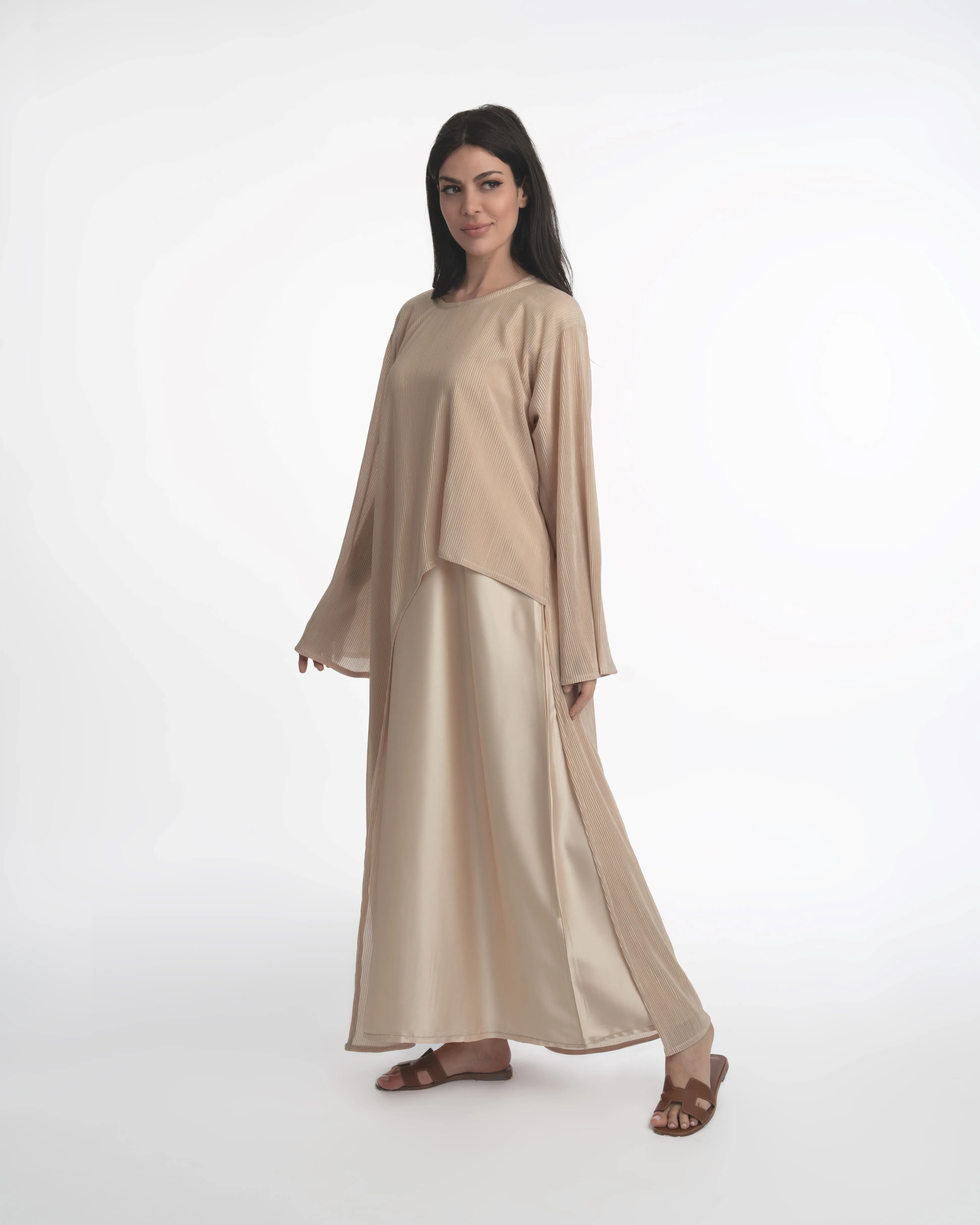 Dania Crinkle Asymmetric Abaya Beige