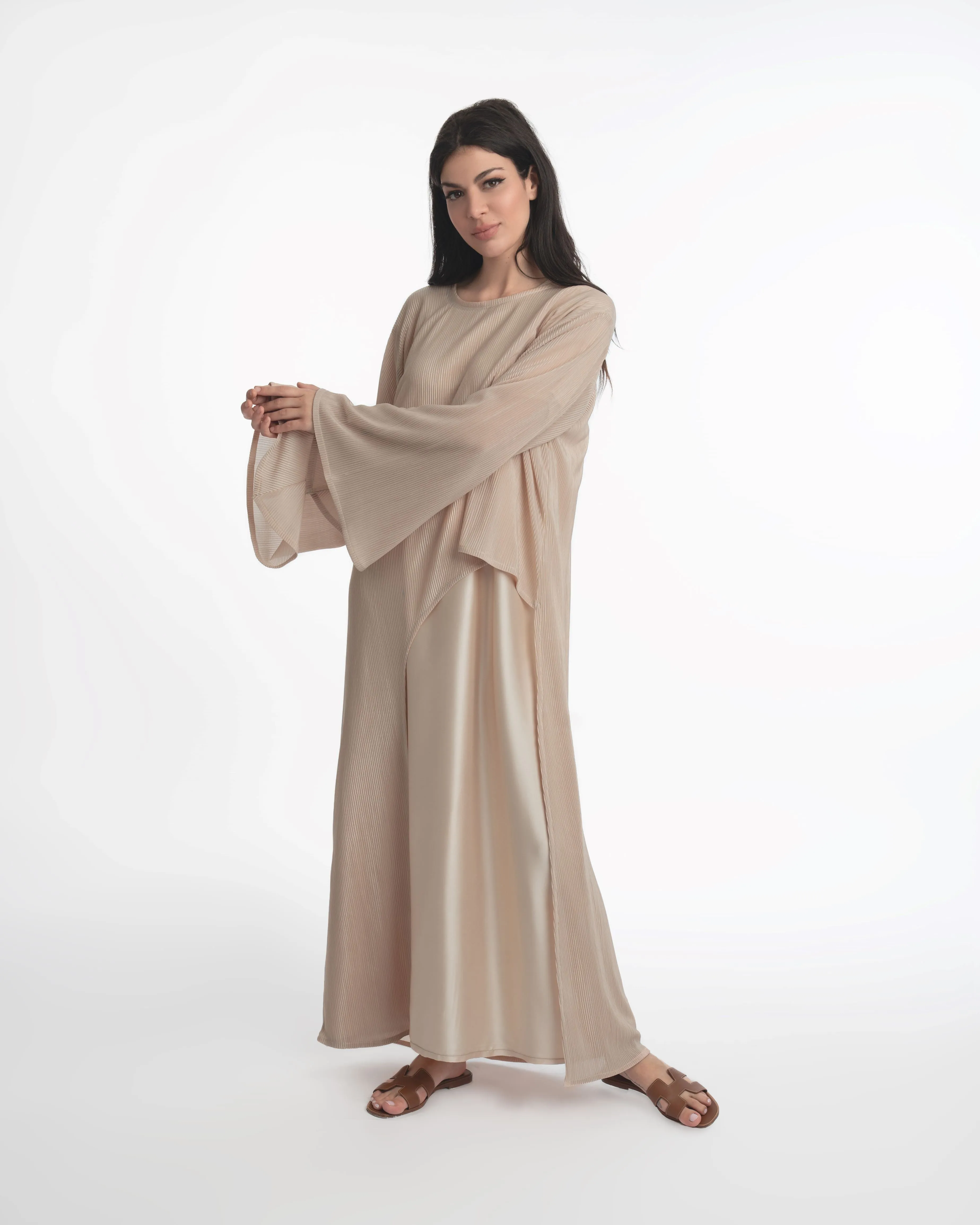 Dania Crinkle Asymmetric Abaya Beige